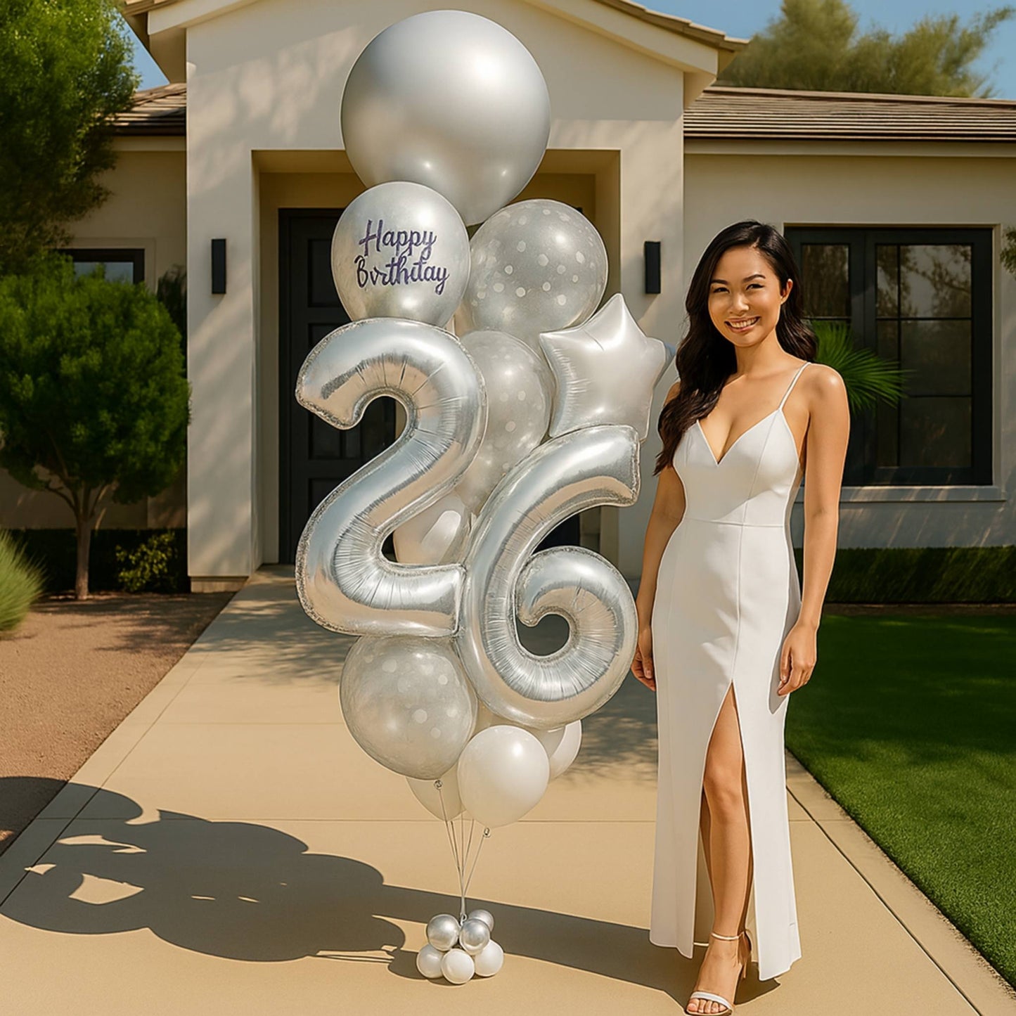 Woman in a white dress standing next to silver birthday balloons in front of a house.