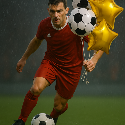 Man in red sports outfit with soccer ball and balloons on a dark background