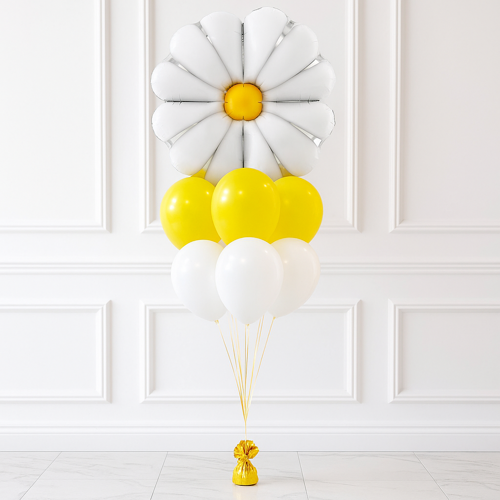 One Up Signature Daisy Flower Foil Balloon Bouquet – Or Single Helium Filled – Elegant Floral Party Decor