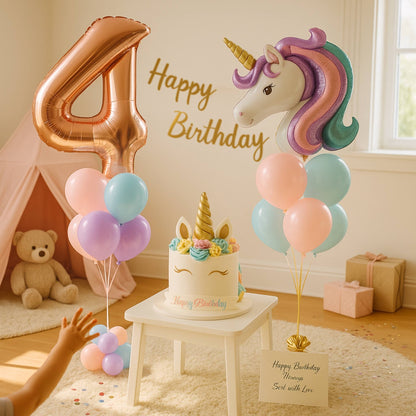 Birthday celebration with unicorn-themed cake, balloons, and decorations in a room.