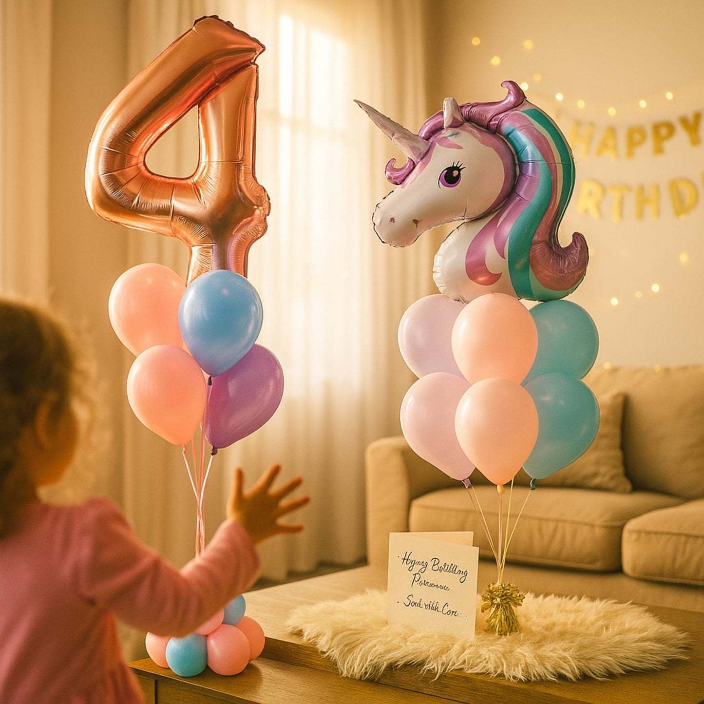Child reaching for a unicorn-shaped balloon with number 4 and balloons on a table, with 'Happy Birthday' banner in the background.