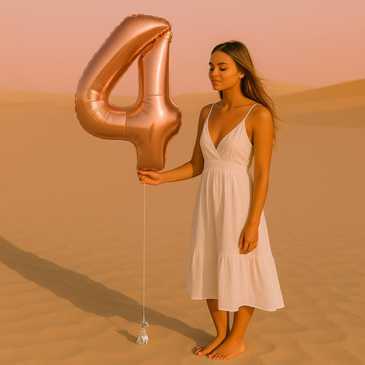 Woman in a white dress holding a large rose gold number 4 balloon in a desert setting.