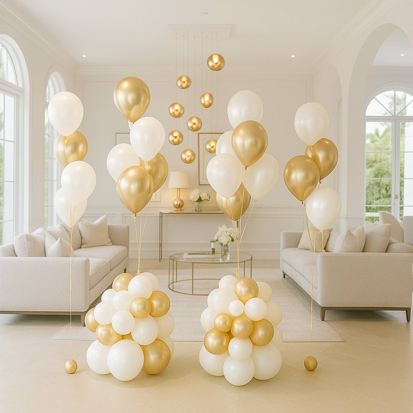 Decorative arrangement of gold and white balloons in a stylish living room.