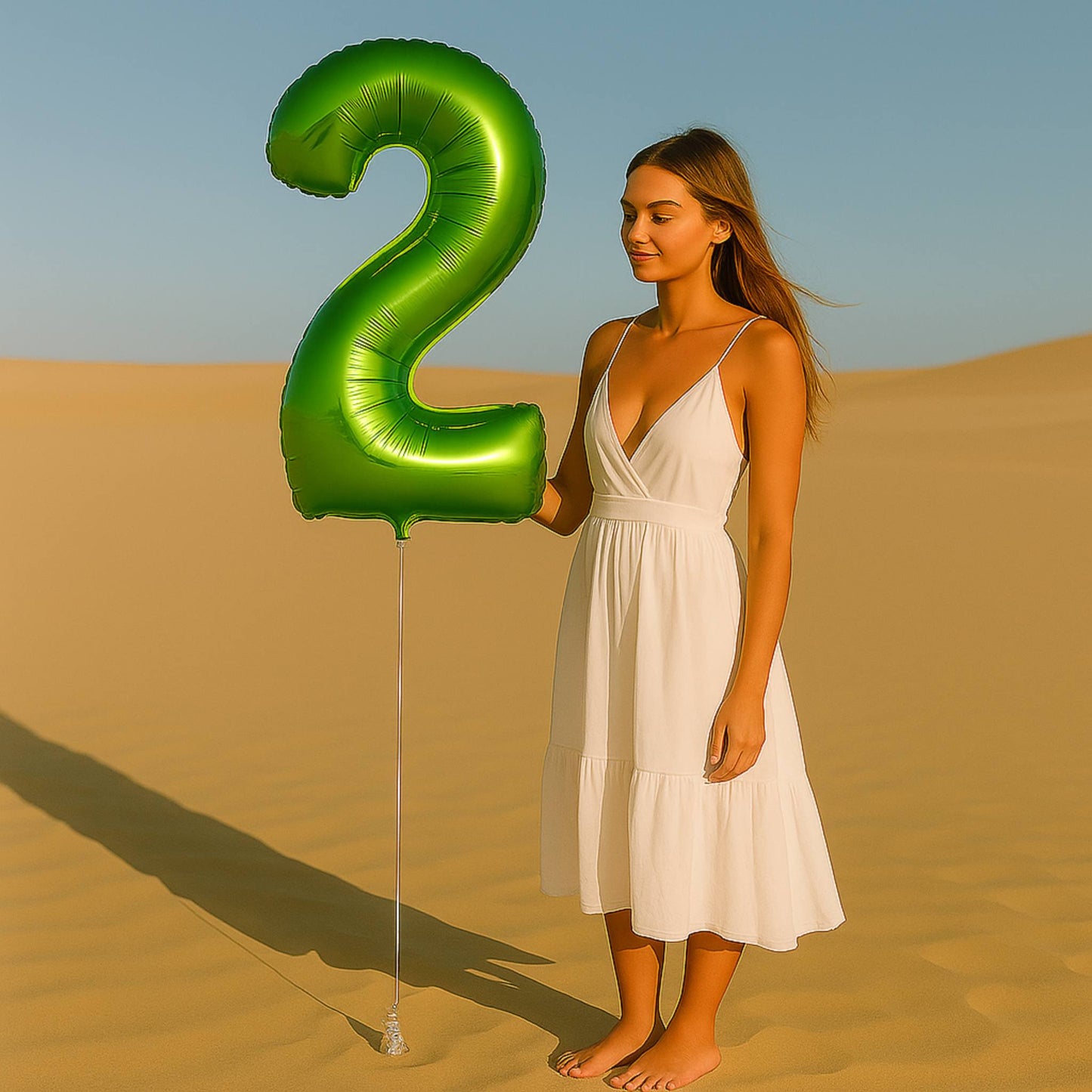 Woman in a white dress holding a large green number '2' balloon in a desert setting
