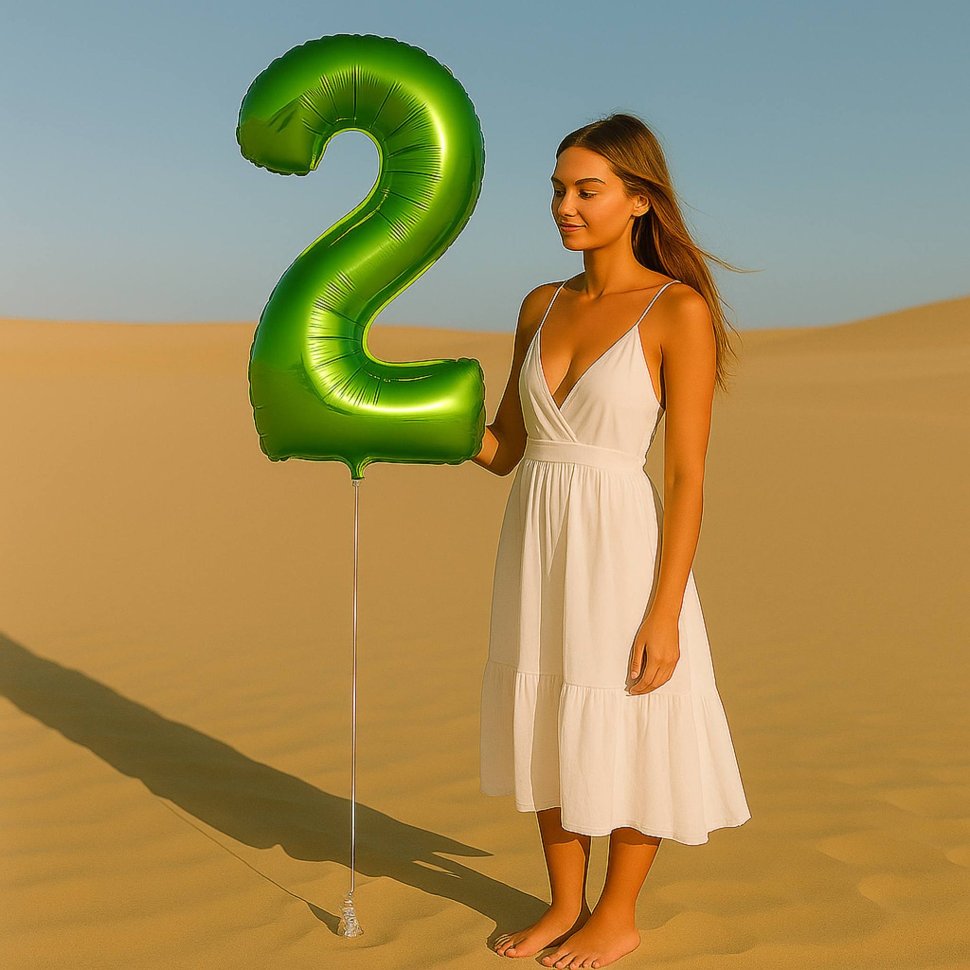 Woman in a white dress holding a large green number '2' balloon in a desert setting