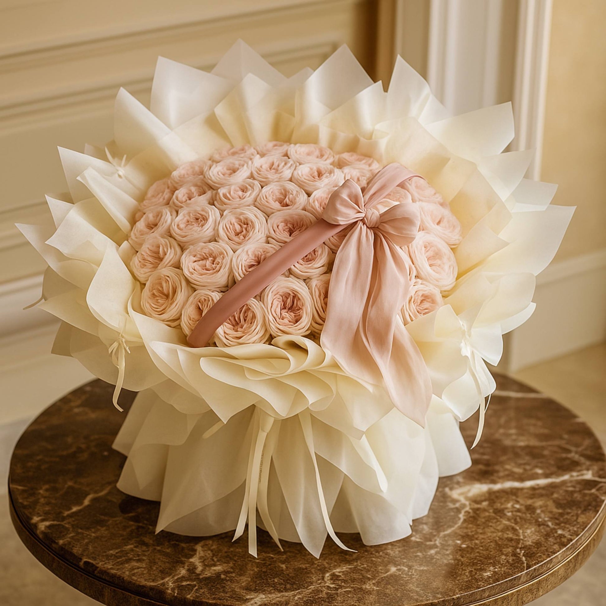 Bouquet of pink roses with a bow on a marble surface