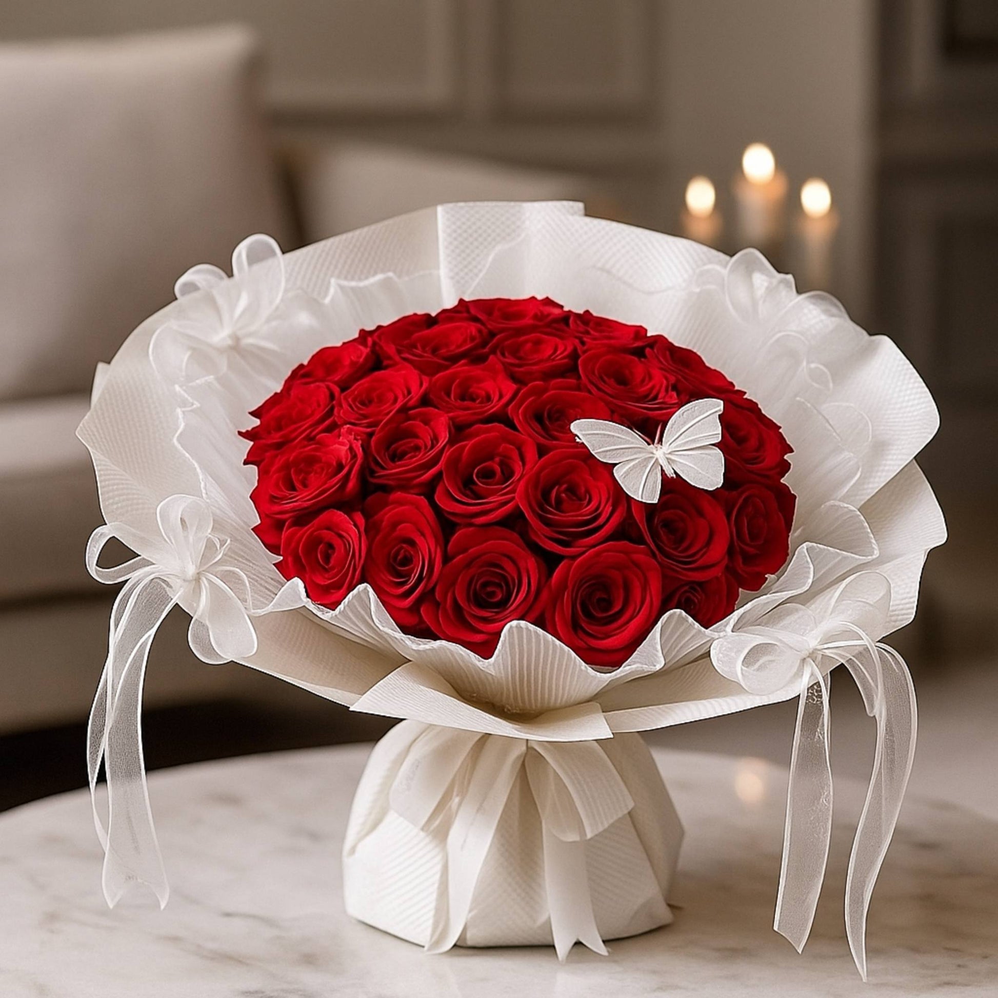 Bouquet of red roses wrapped in white paper with decorative ribbons on a marble surface.