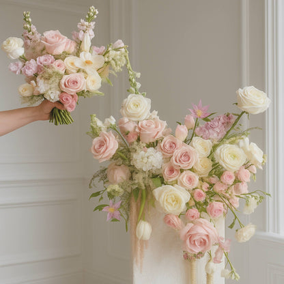 Bouquets of pink and white flowers held by a hand against a neutral background