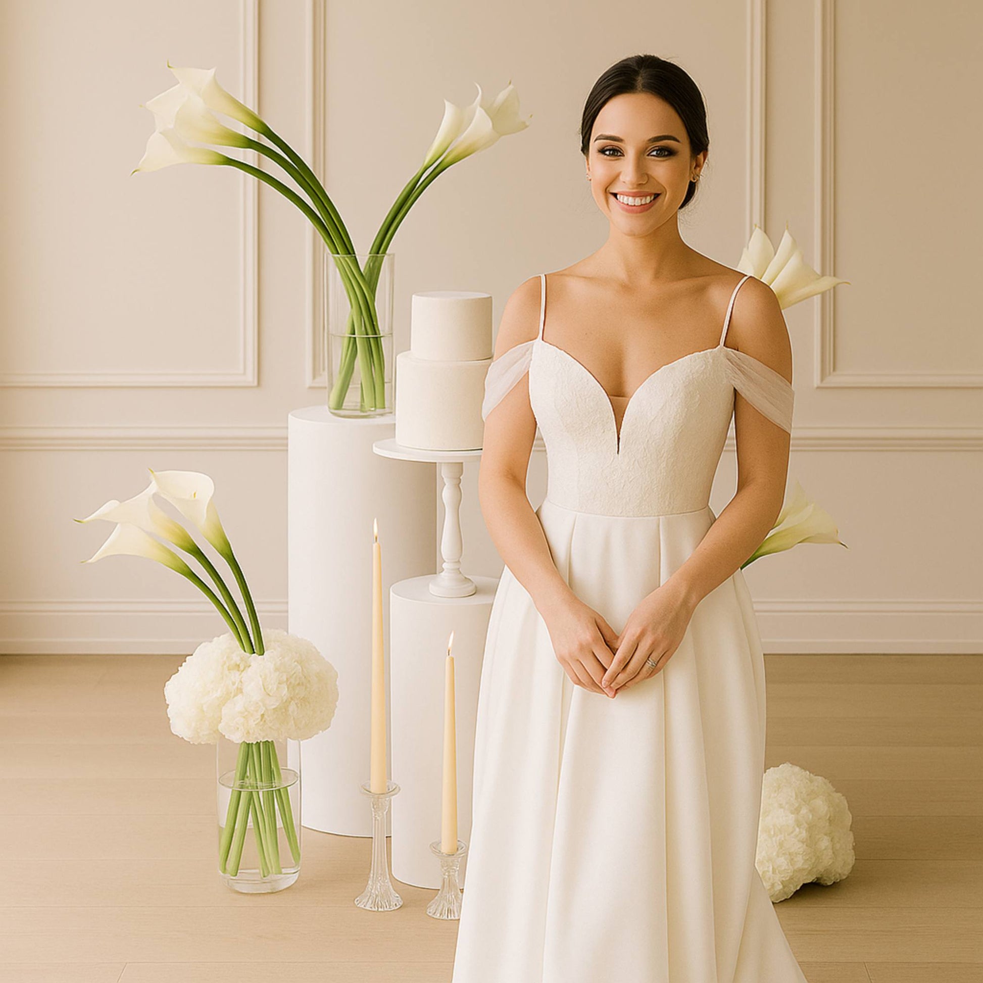 Woman in a white dress standing in front of a decorated cake with flowers and candles.