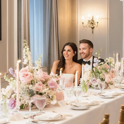 Man and woman sitting at a elegantly set table with floral arrangements and candles.