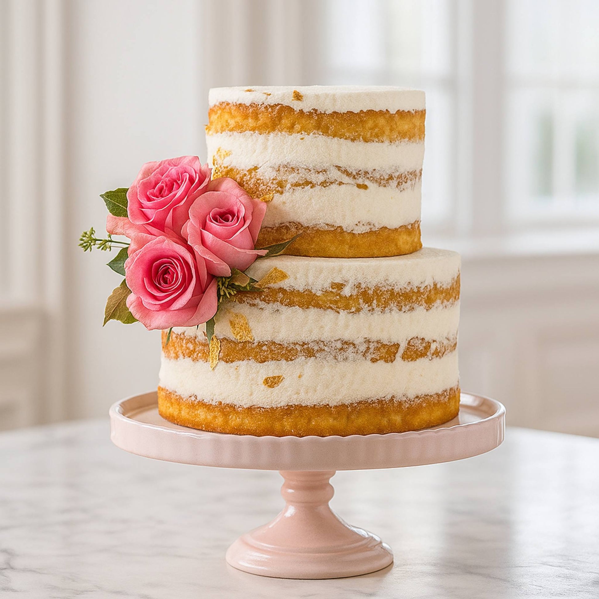 Two-tiered cake with pink roses on a pink stand against a neutral background