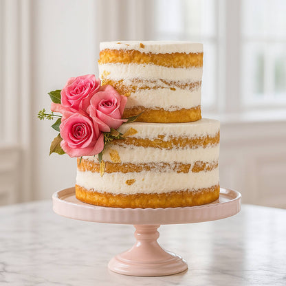 Two-tiered cake with pink roses on a pink stand against a neutral background