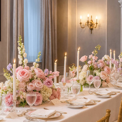Elegant table setting with floral arrangements, candles, and fine china in a formal dining room.