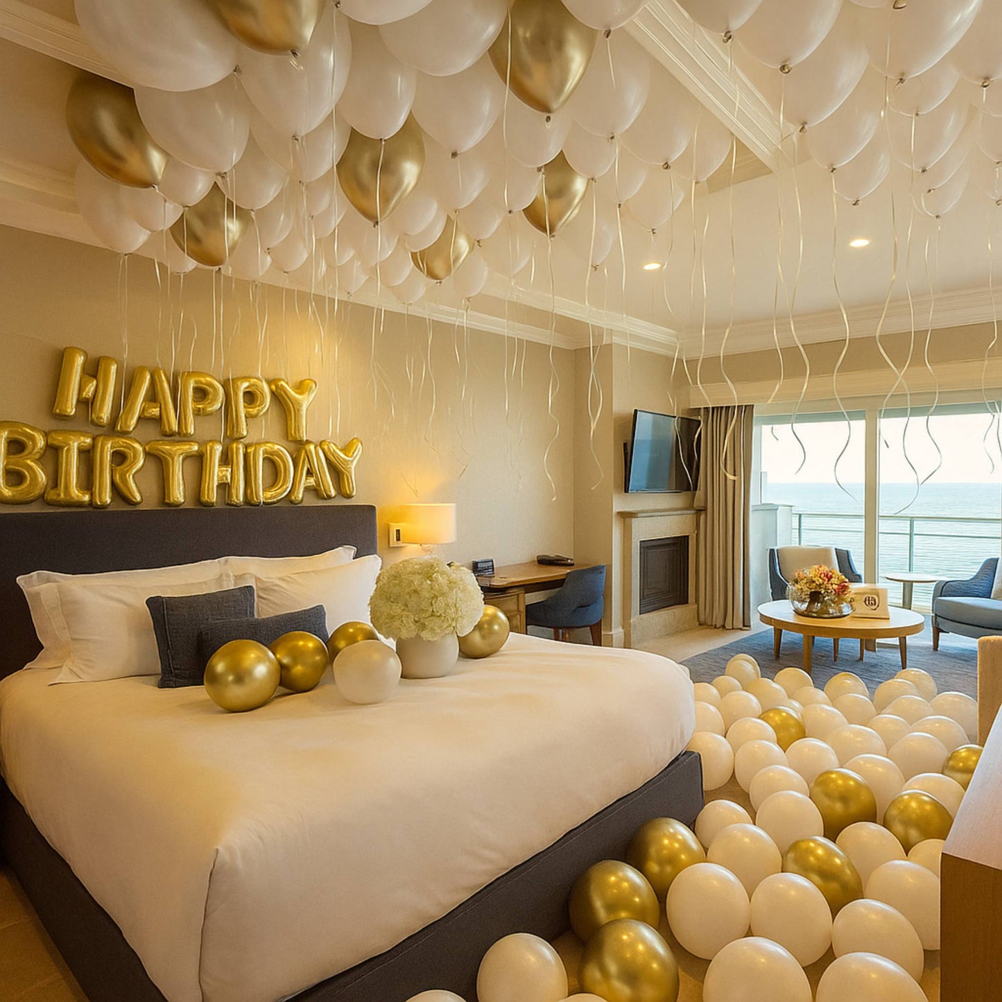 Decorated bedroom with balloons, 'Happy Birthday' sign, and a view of a cityscape.