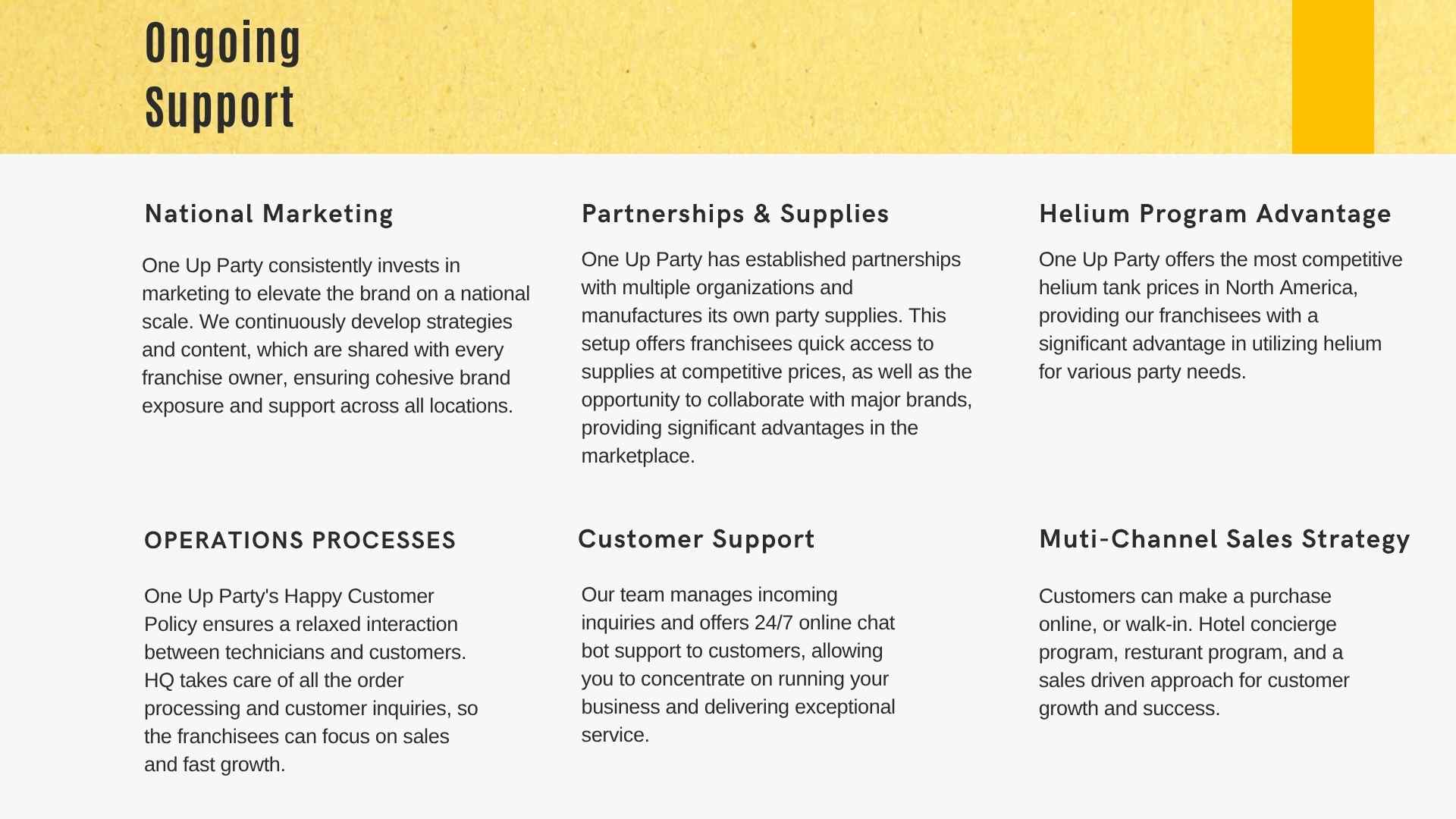 One Up Party business support services on a white background with yellow header