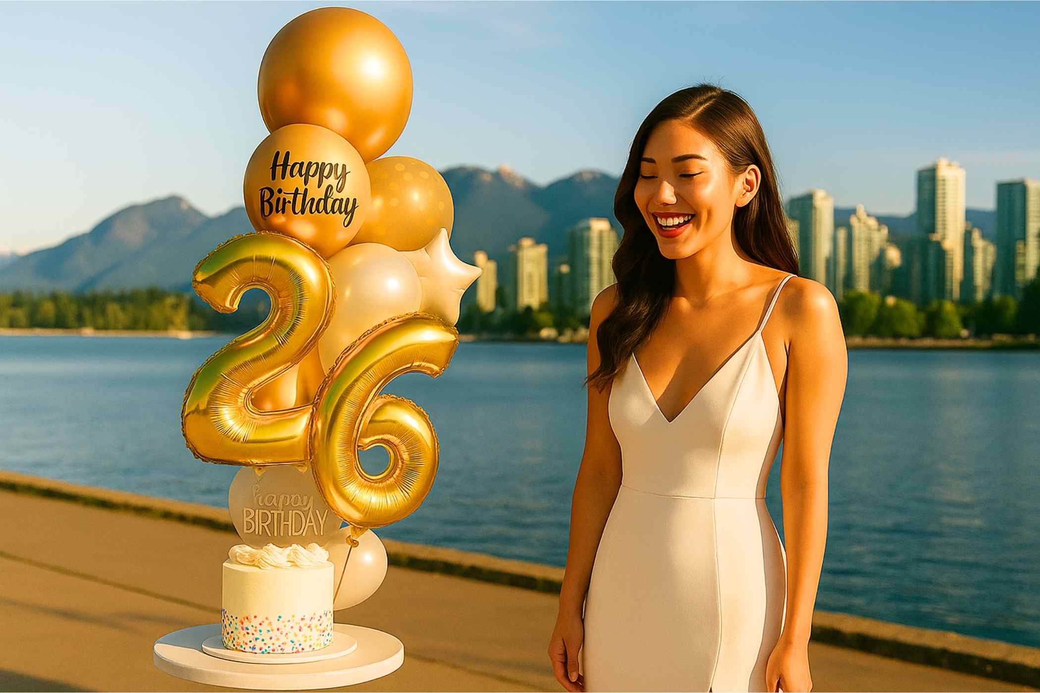 Woman in a white dress standing next to a birthday cake with gold balloons and a cityscape in the background.