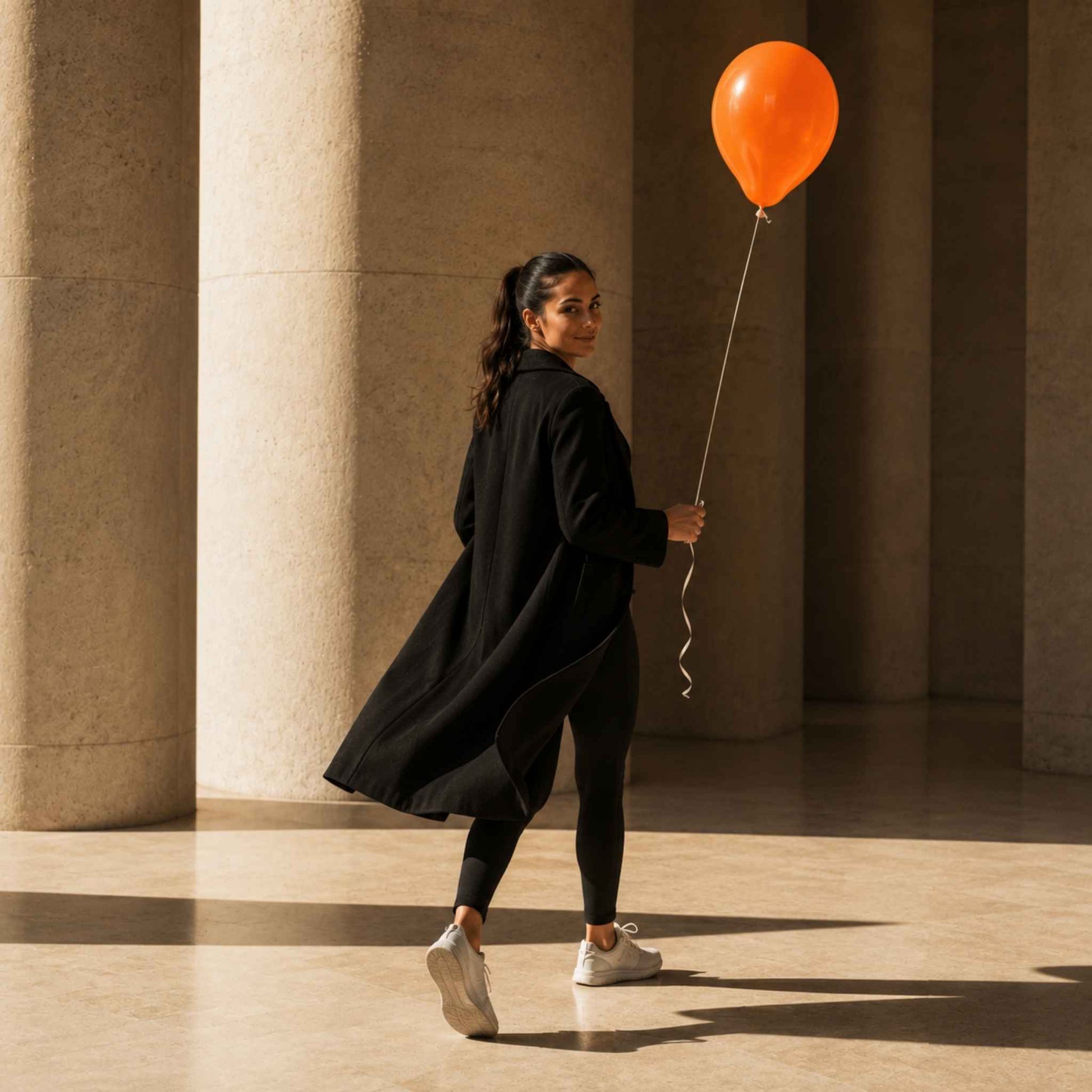 A woman in a black longline coat, black leggings, and white sneakers walks through a sunlit architectural space with large stone columns while holding an orange balloon.