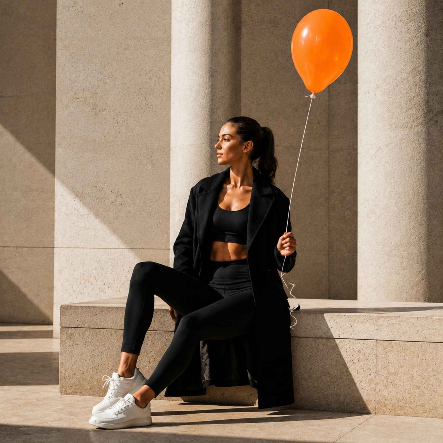 A woman sits on a stone ledge between large columns, wearing a black blazer, black sports bra, black leggings, and white sneakers, while holding an orange balloon.