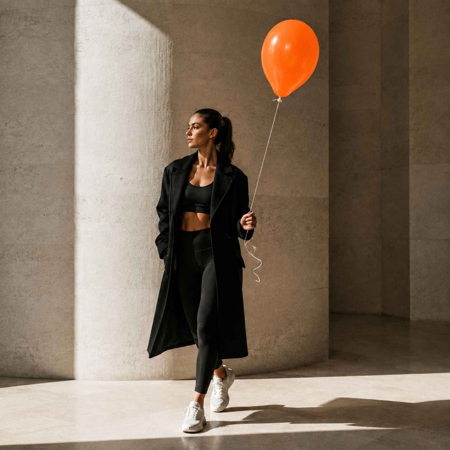 A woman in a black athletic outfit and long black coat walks through a sunlit concrete corridor while holding an orange balloon.