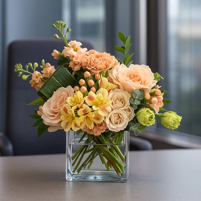 Bouquet of flowers in a clear vase on a table with a blurred background