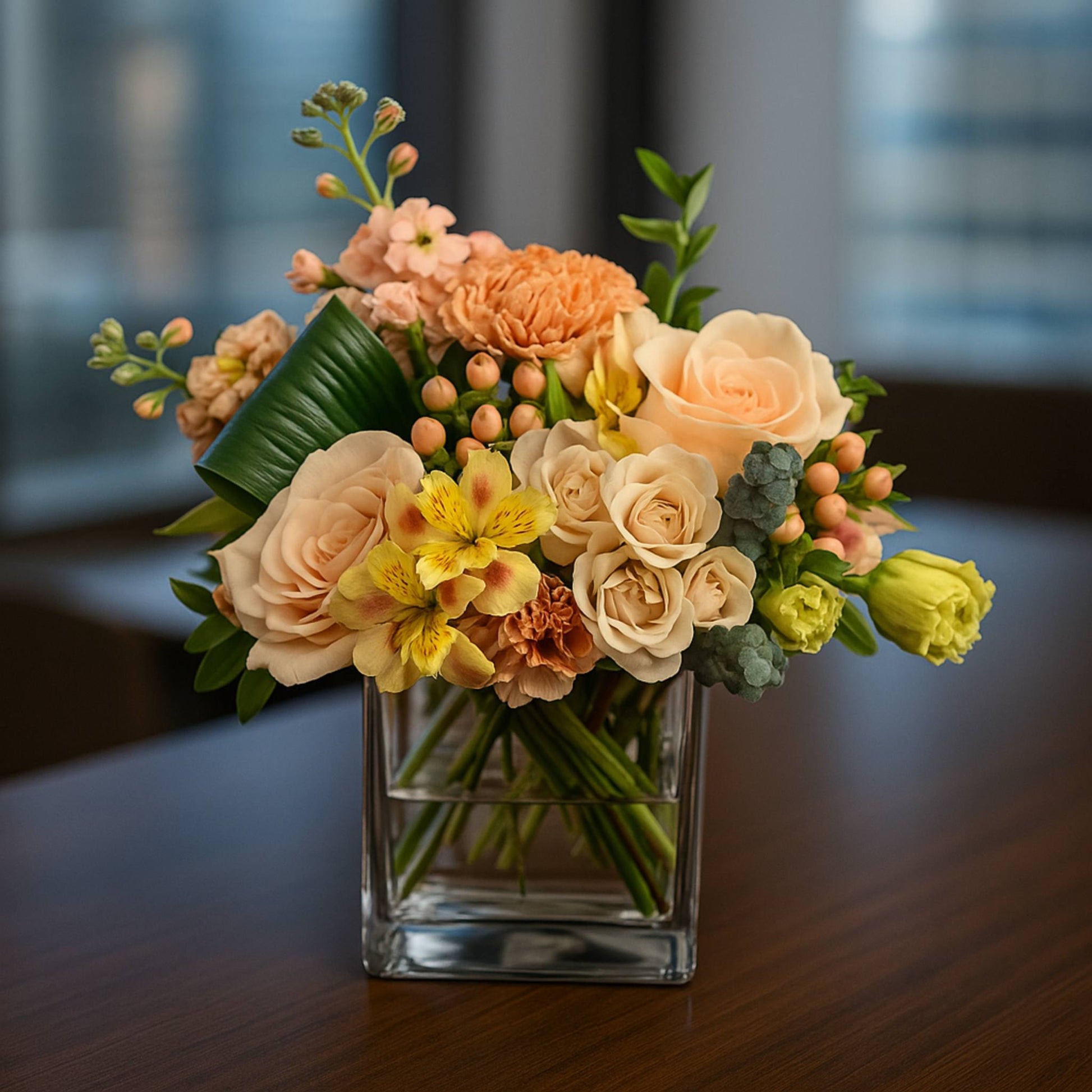 Bouquet of flowers in a clear vase on a wooden surface with a blurred background