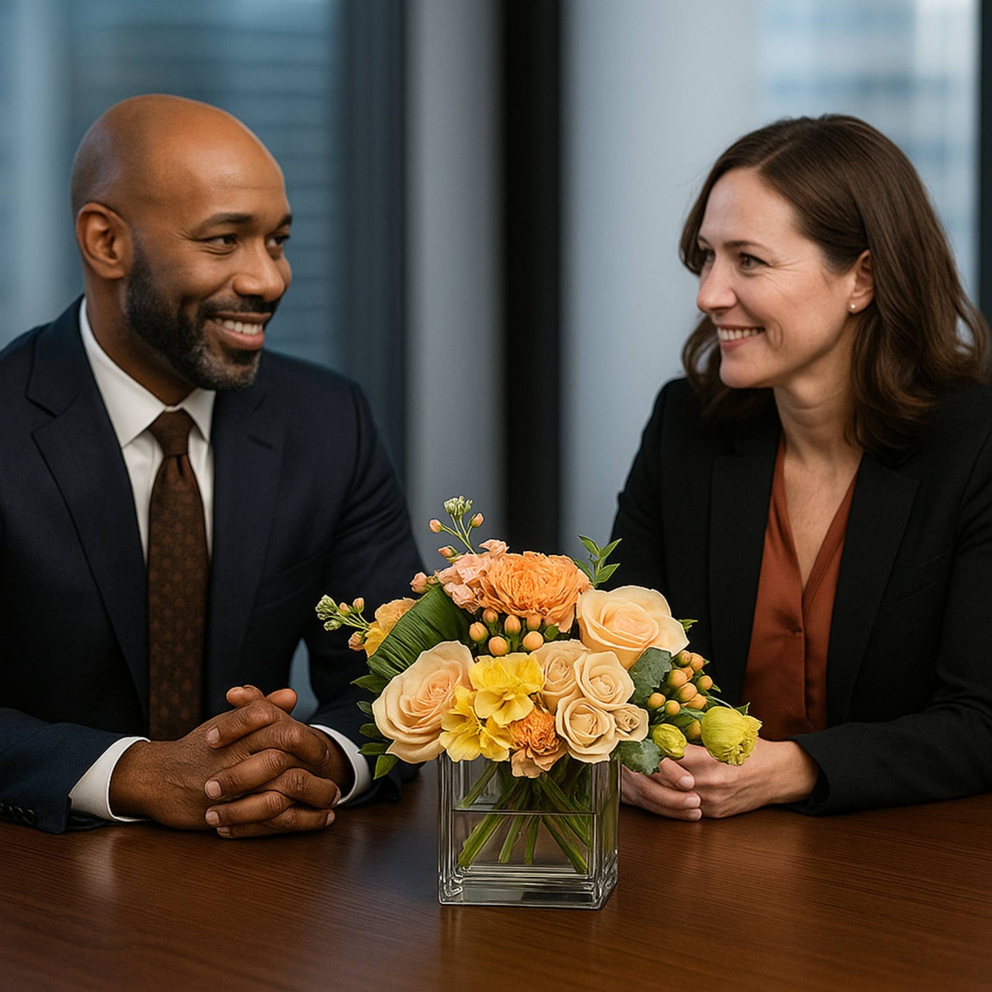 Two people sitting at a table with a vase of flowers between them, smiling.