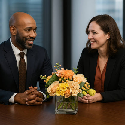 Two people sitting at a table with a vase of flowers between them, smiling.