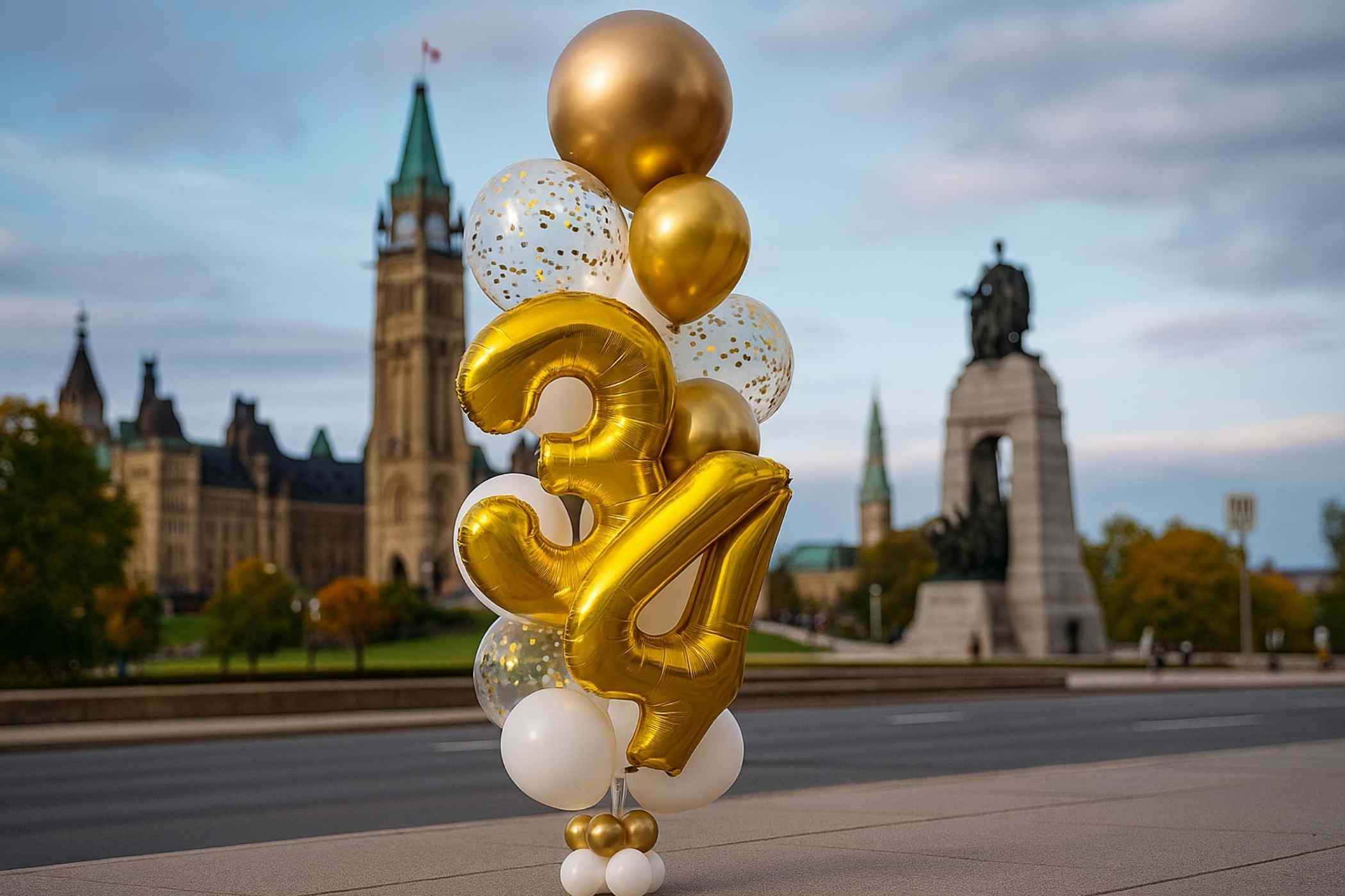 Gold and white balloons with number '34' in front of a cityscape with a prominent building.
