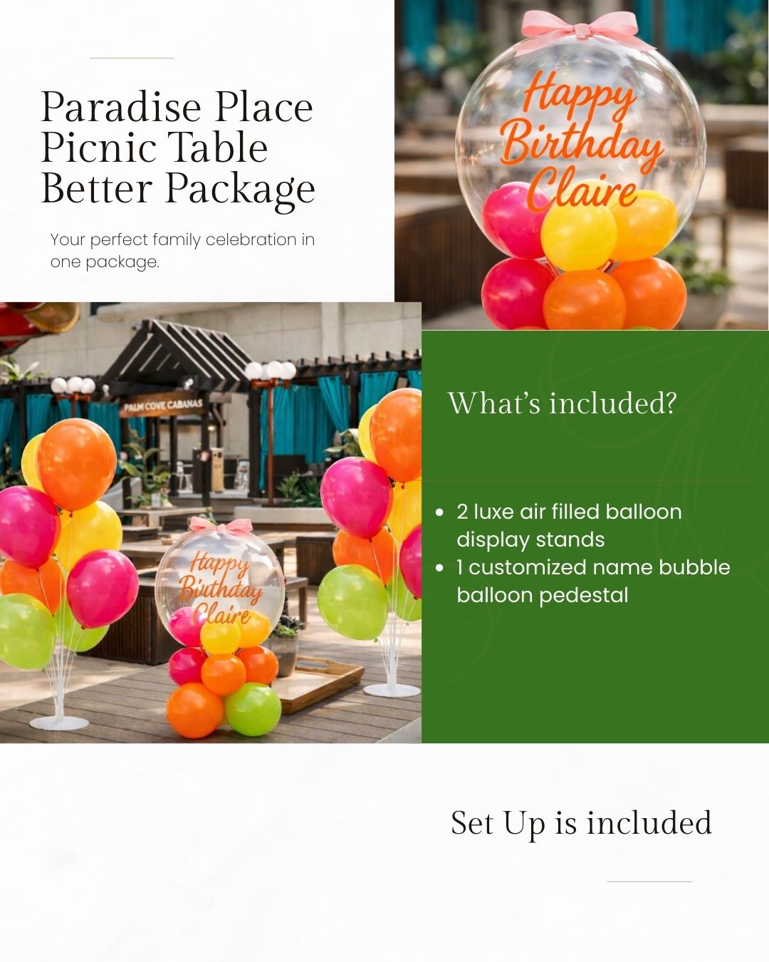 Promotional image for Paradise Place Picnic Table Better Package with balloons and a balloon pedestal.