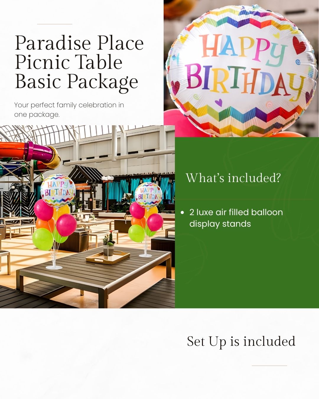 Advertisement for Paradise Place Picnic Table Basic Package with birthday balloons and setup details.