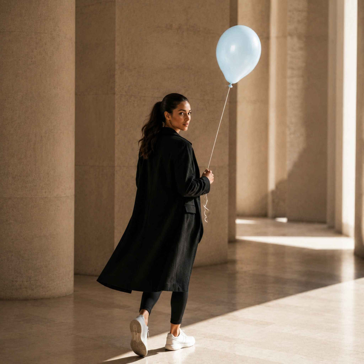 A woman in a long black coat, black leggings, and white sneakers walks through a sunlit architectural corridor with large beige columns, holding a light blue balloon.