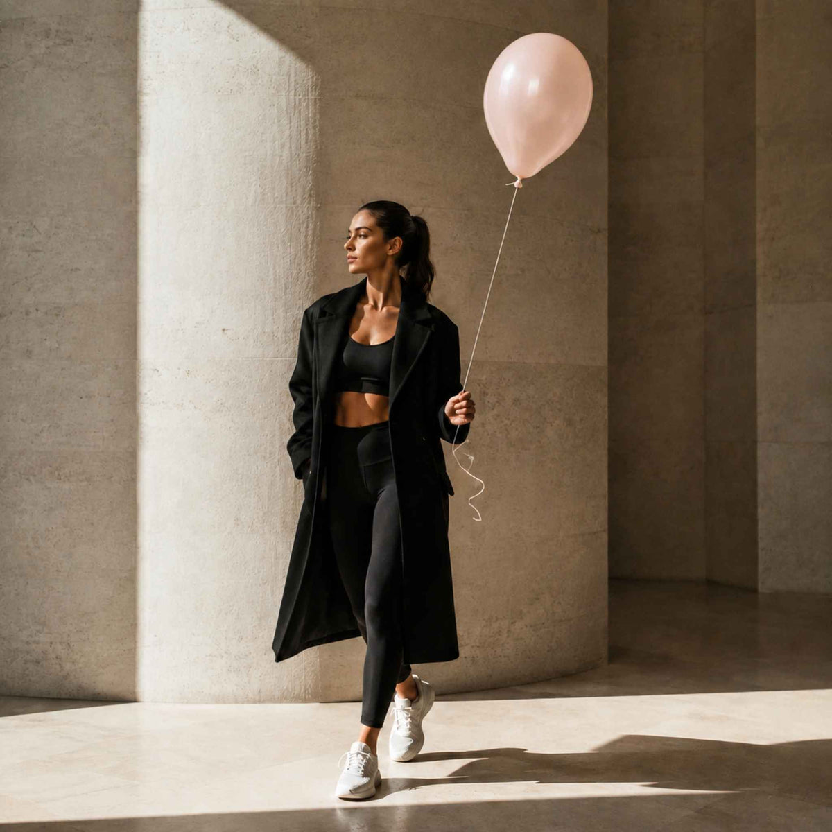 A woman in a black athletic outfit with a long black coat walks through a sunlit concrete corridor while holding a pale pink balloon.