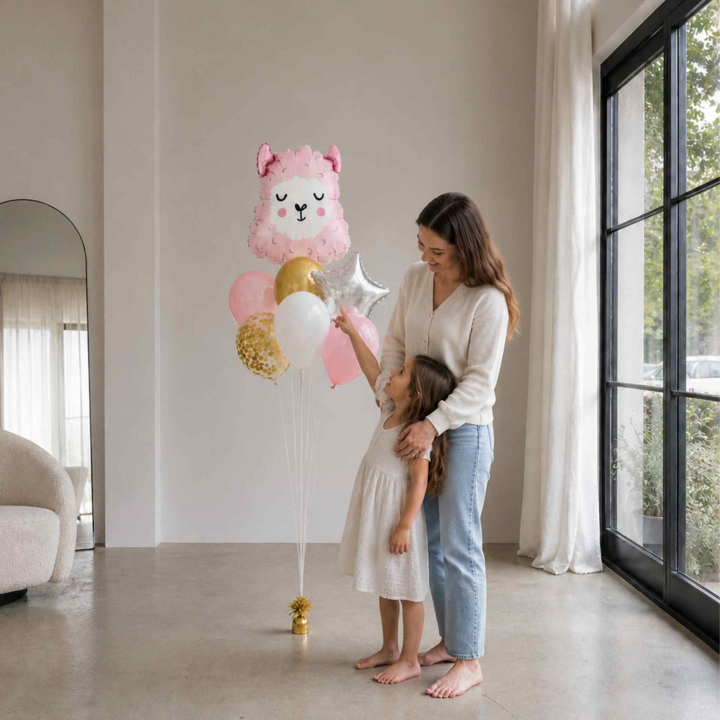 Woman and child holding balloons in a modern living room