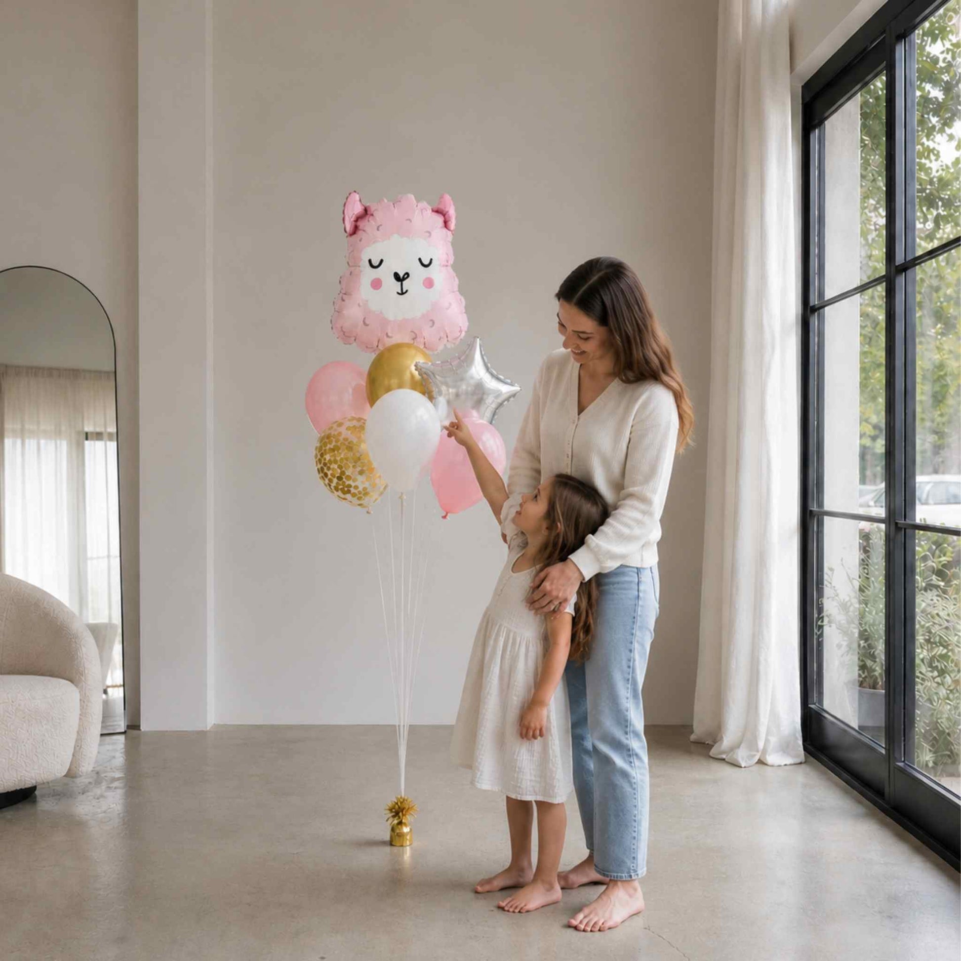 Woman and child holding balloons in a modern living room