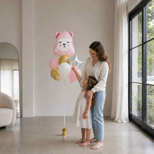 Woman and child holding balloons in a modern living room