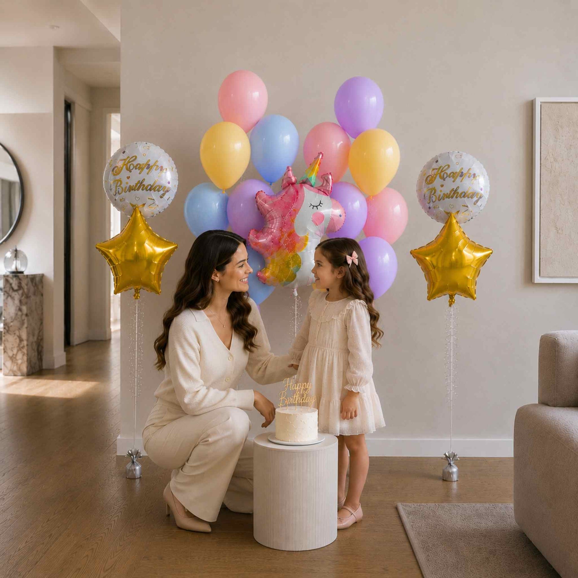 Woman and child with birthday cake and balloons in a living room