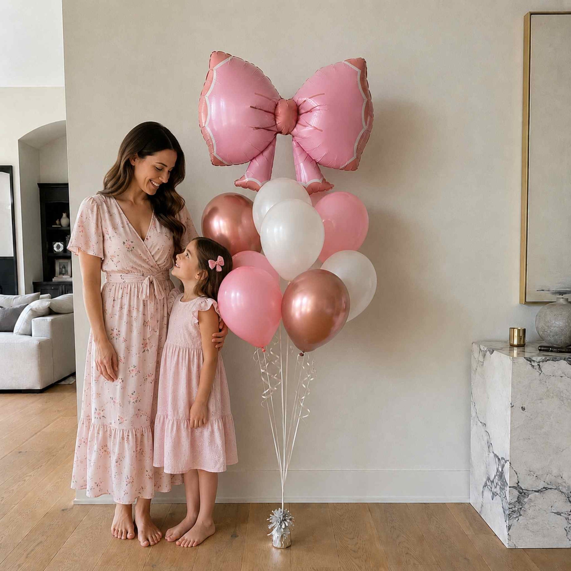 Woman and child holding a large pink bow balloon bouquet indoors.