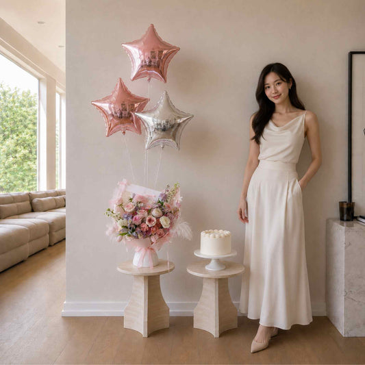 Woman in a white dress standing next to decorative balloons and flowers in a living room.