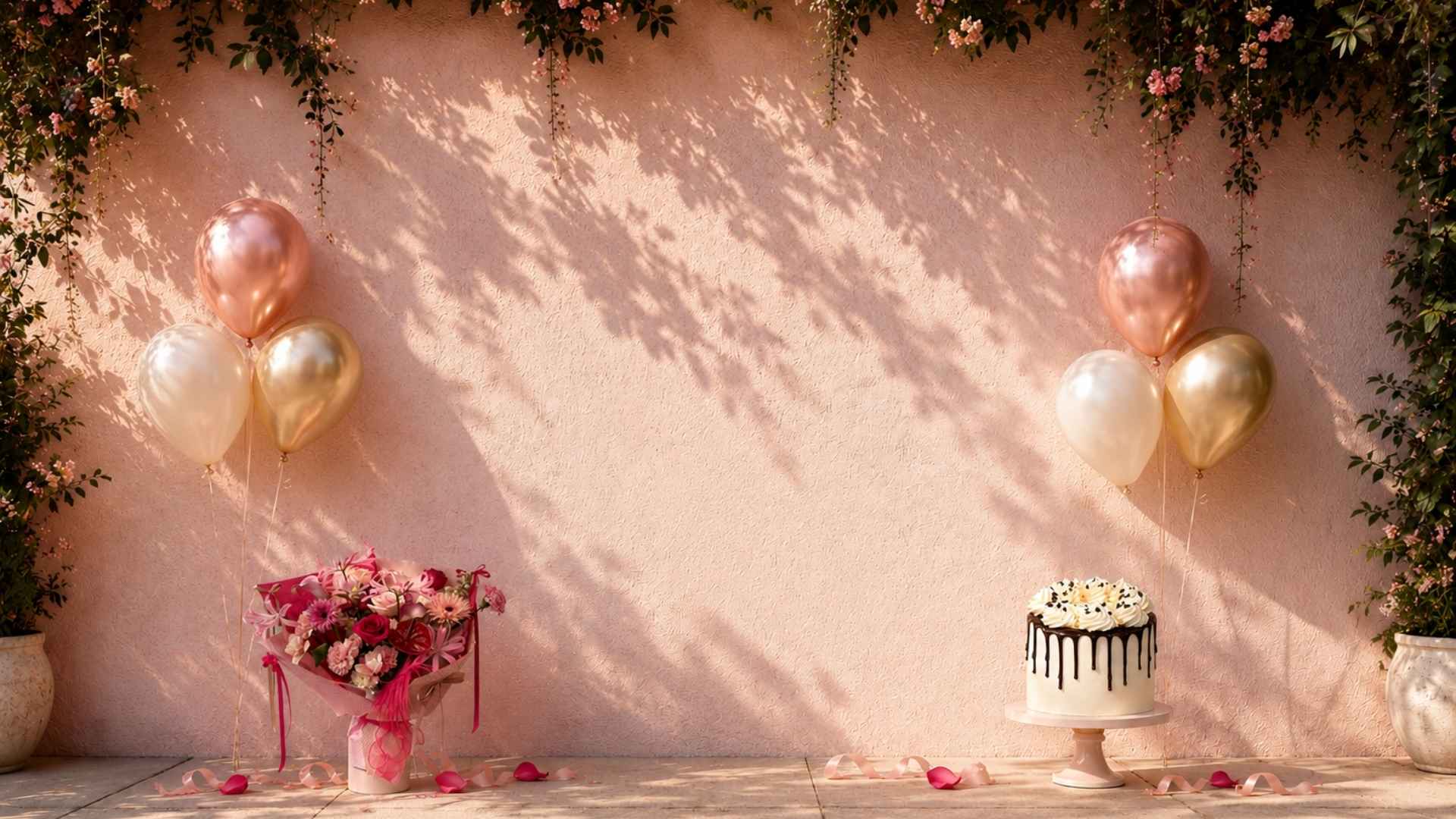 Decorative setup with balloons, flowers, and a cake against a pink wall.