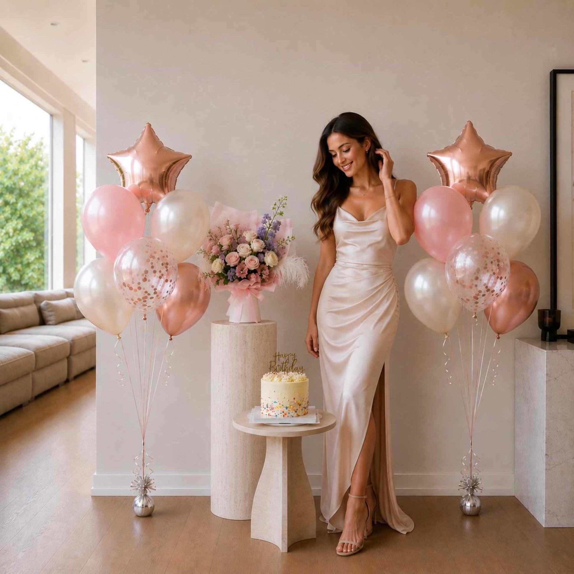 Woman in a white dress standing next to balloons and a cake in a room.