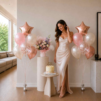 Woman in a white dress standing next to balloons and a cake in a room.