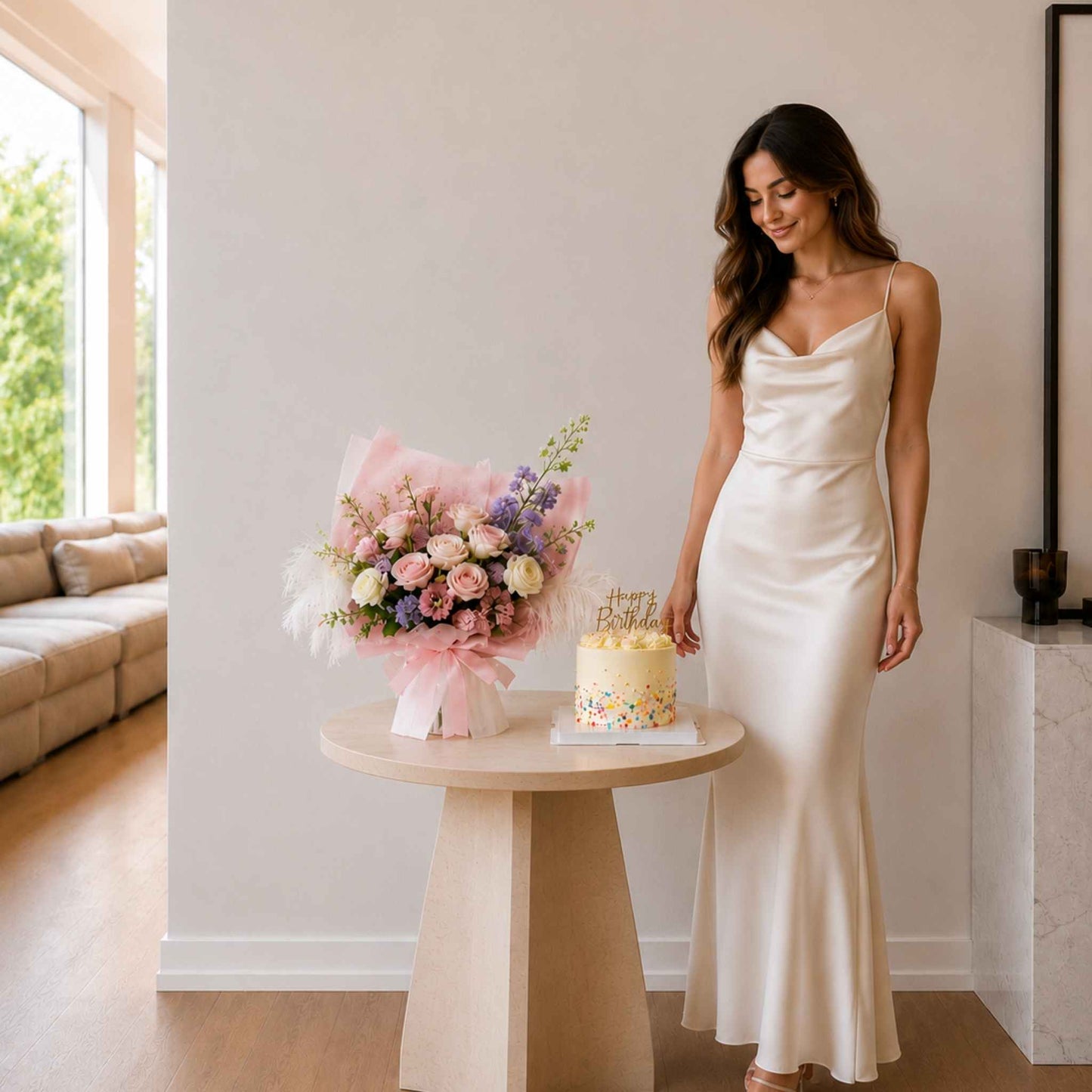 Woman in a white dress standing next to a table with flowers and a cake in a bright room.