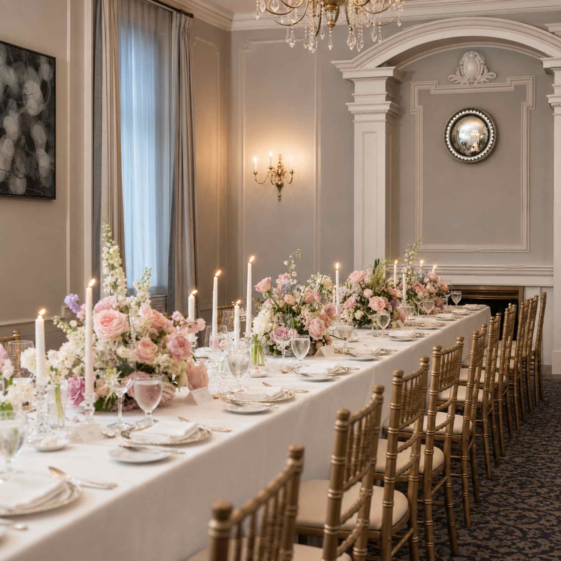 Elegant dining room with a long table set for a formal event, featuring floral centerpieces and candles.