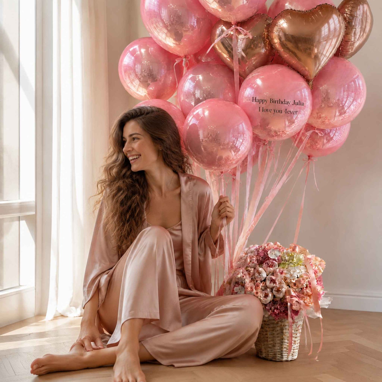Pink Heart Balloon & Flower Basket Birthday Bundle