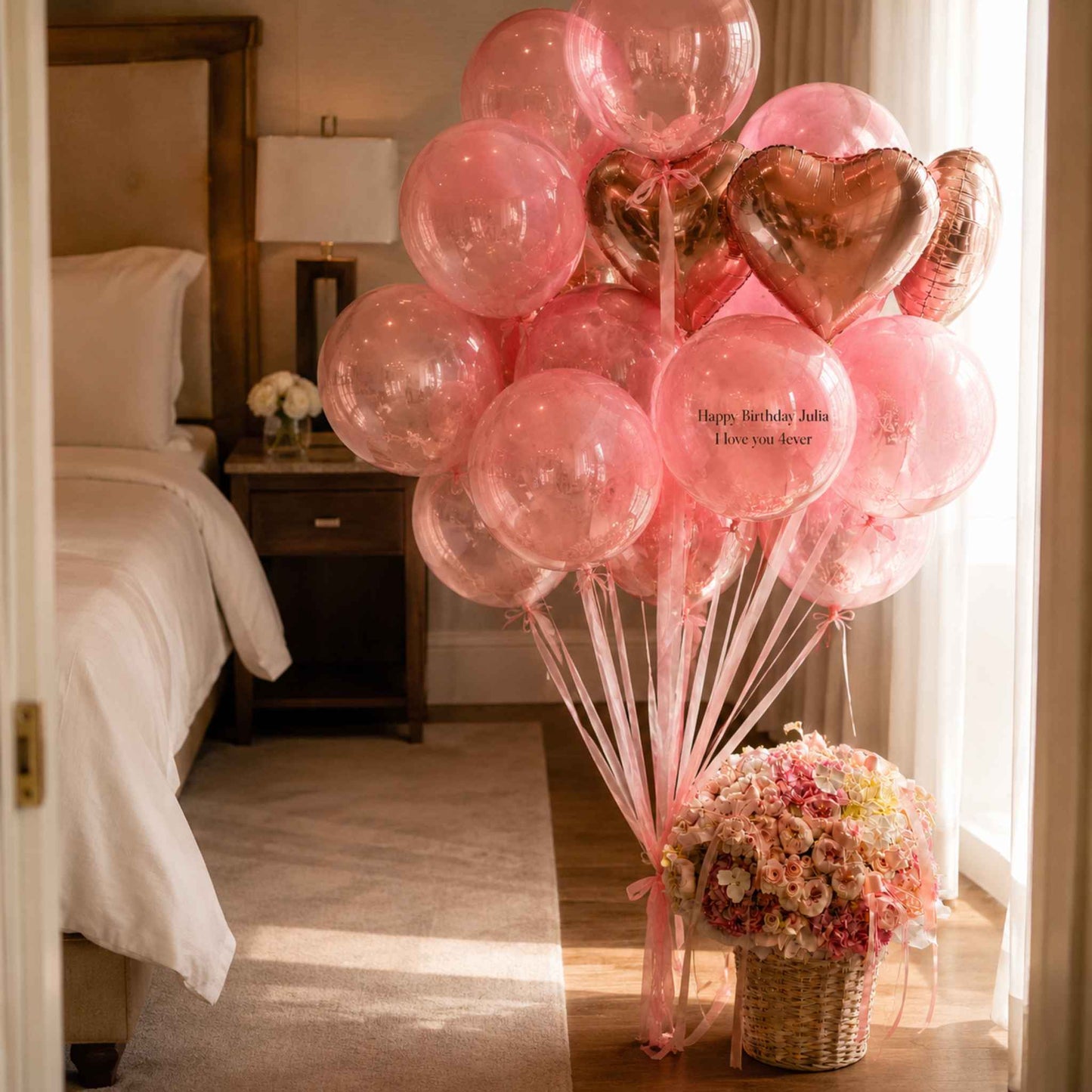 Pink Heart Balloon & Flower Basket Birthday Bundle