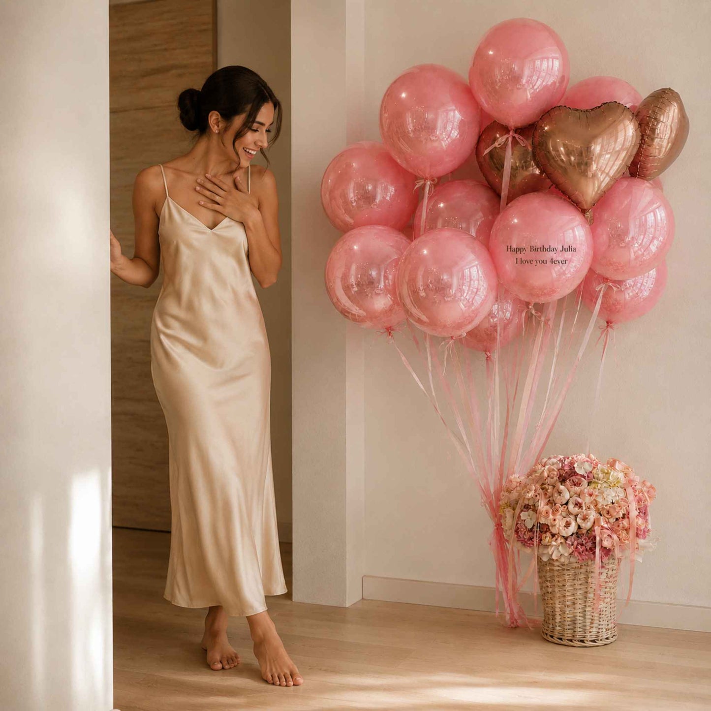 A woman in a satin slip dress stands barefoot in a doorway next to a large cluster of pink balloons, including metallic rose gold and pink foil balloons, with a basket of flowers on the floor.
