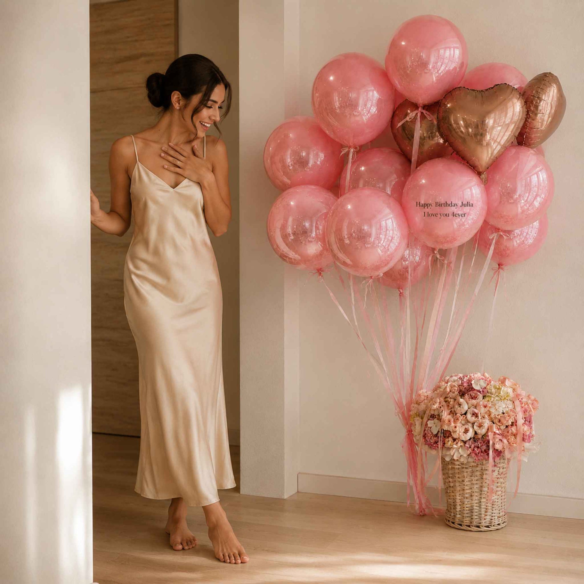 A woman in a satin slip dress stands barefoot in a doorway next to a large cluster of pink balloons, including metallic rose gold and pink foil balloons, with a basket of flowers on the floor.
