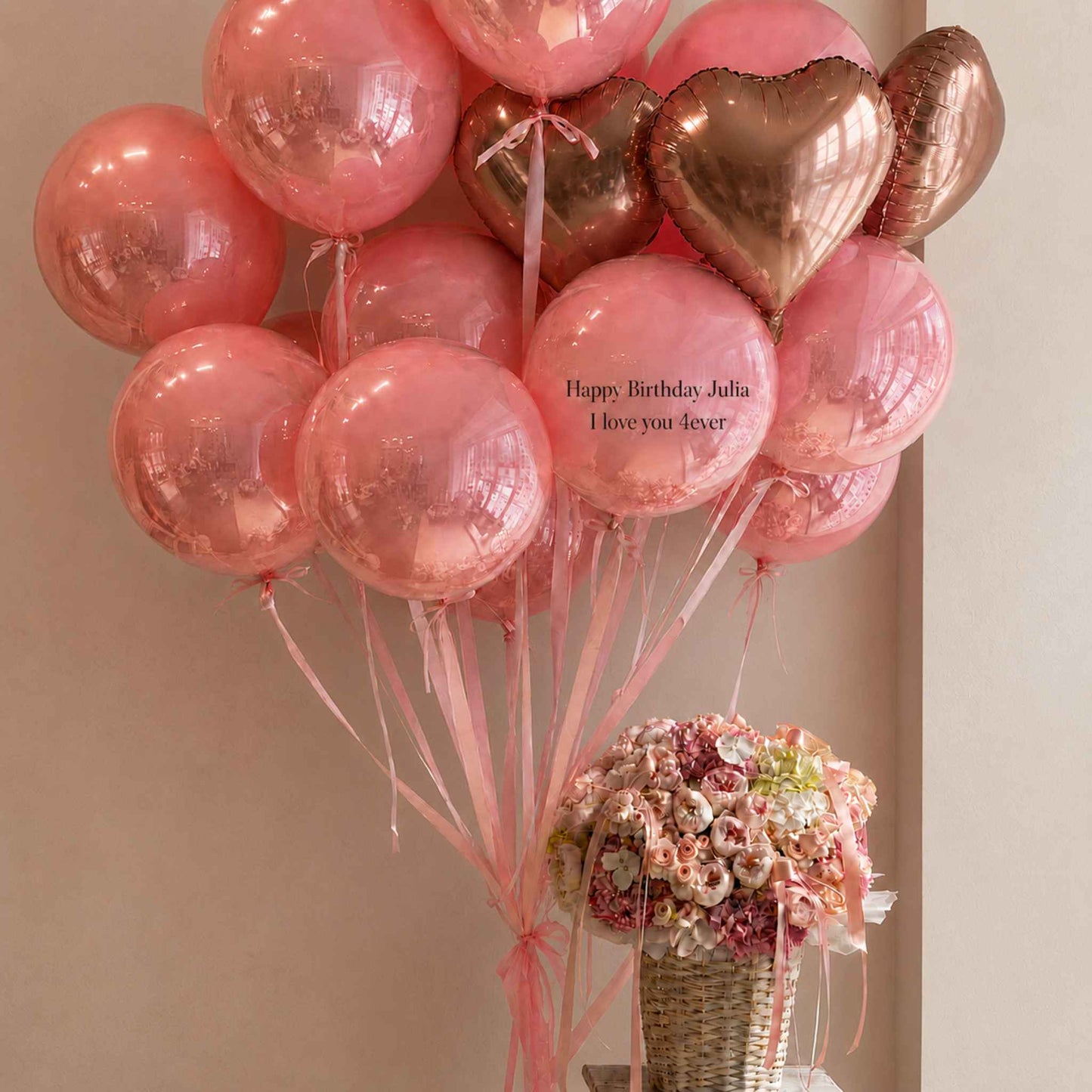 Pink Heart Balloon & Flower Basket Birthday Bundle
