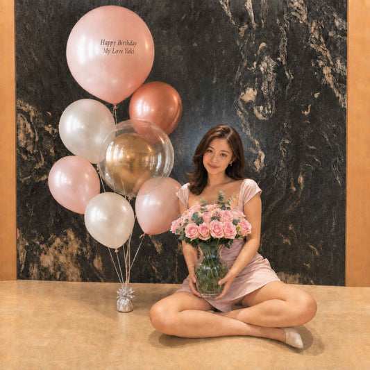 Pink & Gold Birthday Balloons with 24 Fresh Roses