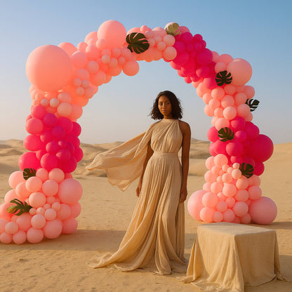 Woman in a flowing dress standing under a pink balloon arch in a desert setting